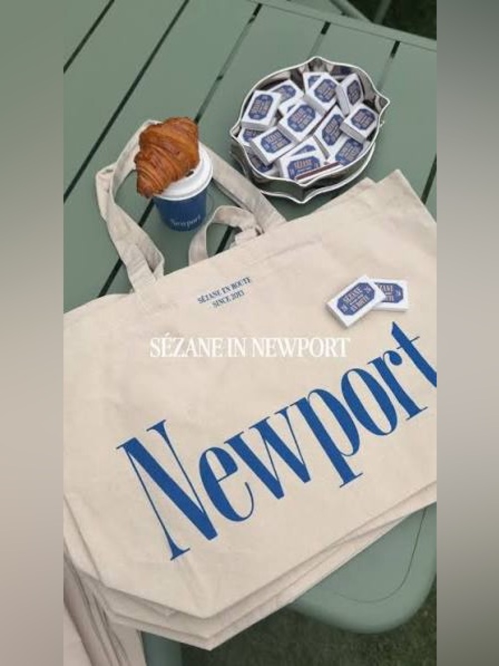 RARE NEW Sezane Cream Canvas Tote Bag with Blue Newport Paris Logo + Sezane card